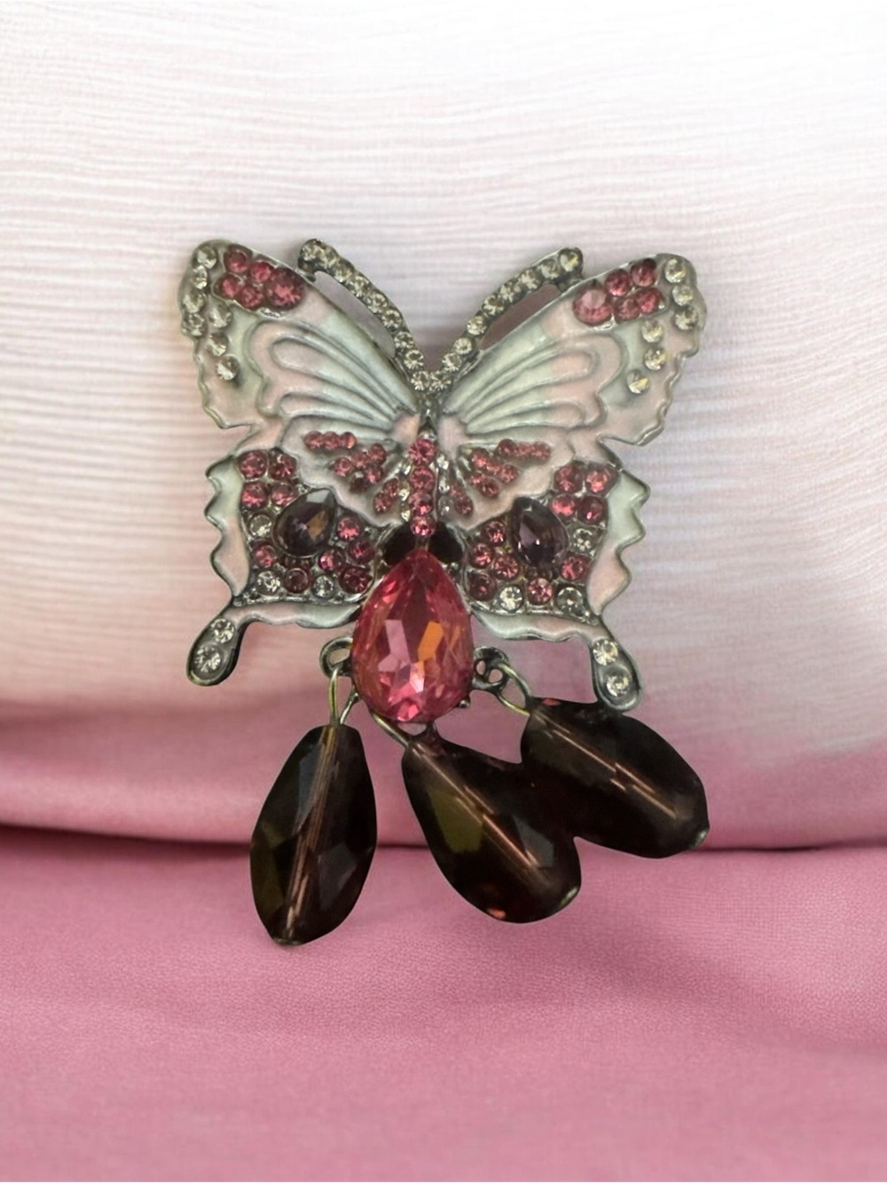 Butterfly Crystal Rhinestone Brooch with Dangle Accents